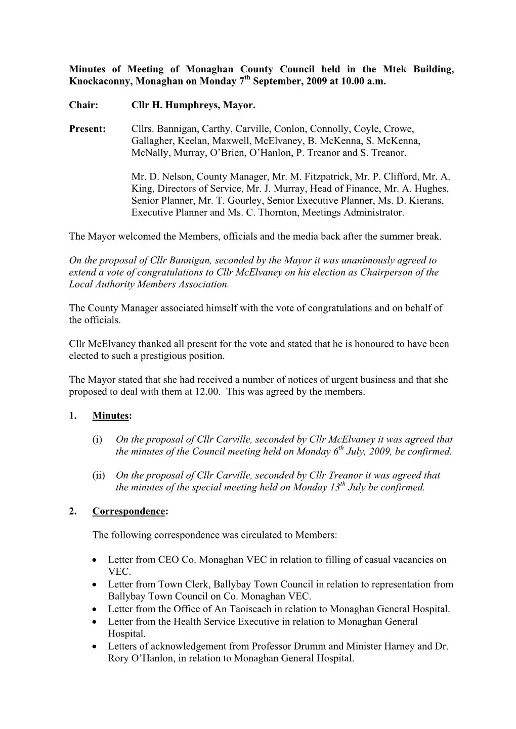 Minutes of September Council Meeting 2009