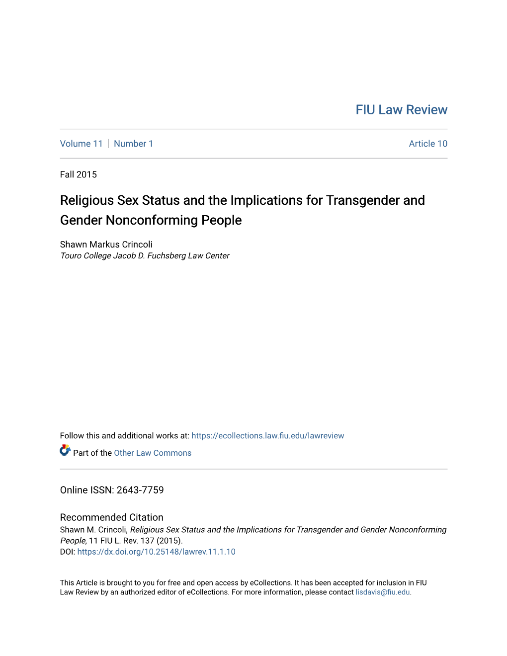 Religious Sex Status and the Implications for Transgender and Gender Nonconforming People