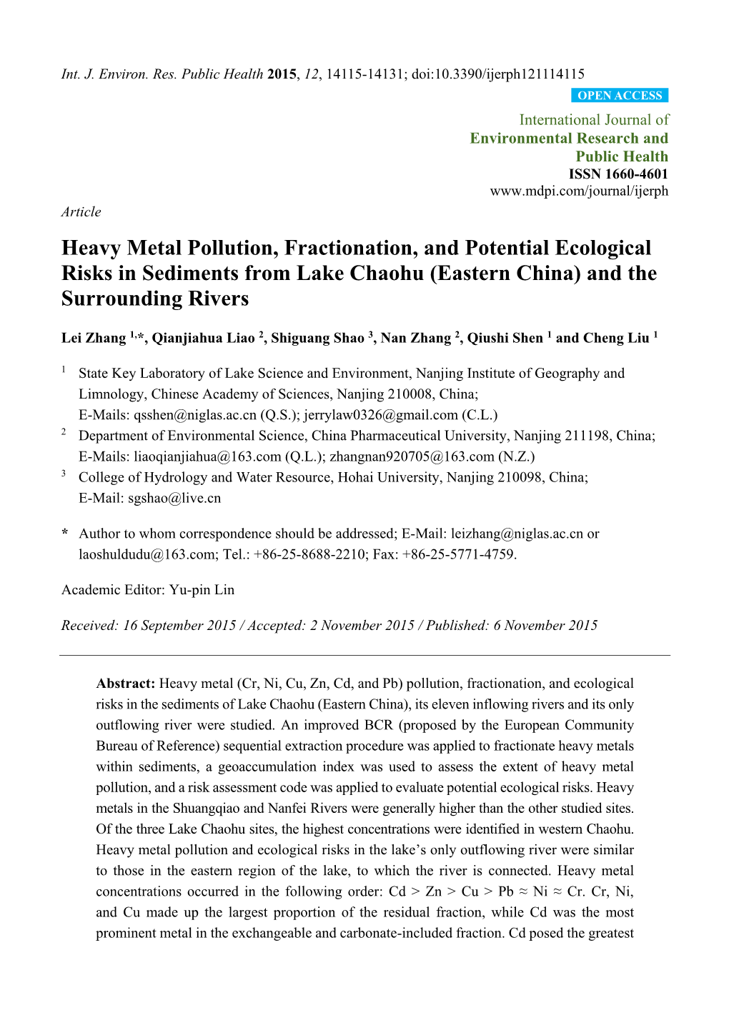 Heavy Metal Pollution, Fractionation, and Potential Ecological Risks in Sediments from Lake Chaohu (Eastern China) and the Surrounding Rivers