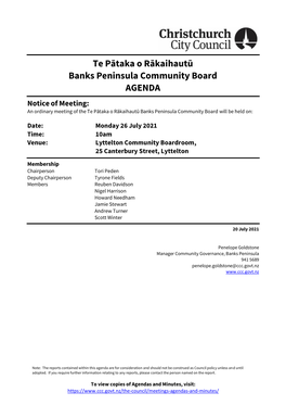Agenda of Te Pātaka O Rākaihautū Banks Peninsula Community Board