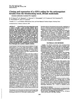 Cloning and Expression of a Cdna Coding for the Anticoagulant Hirudin