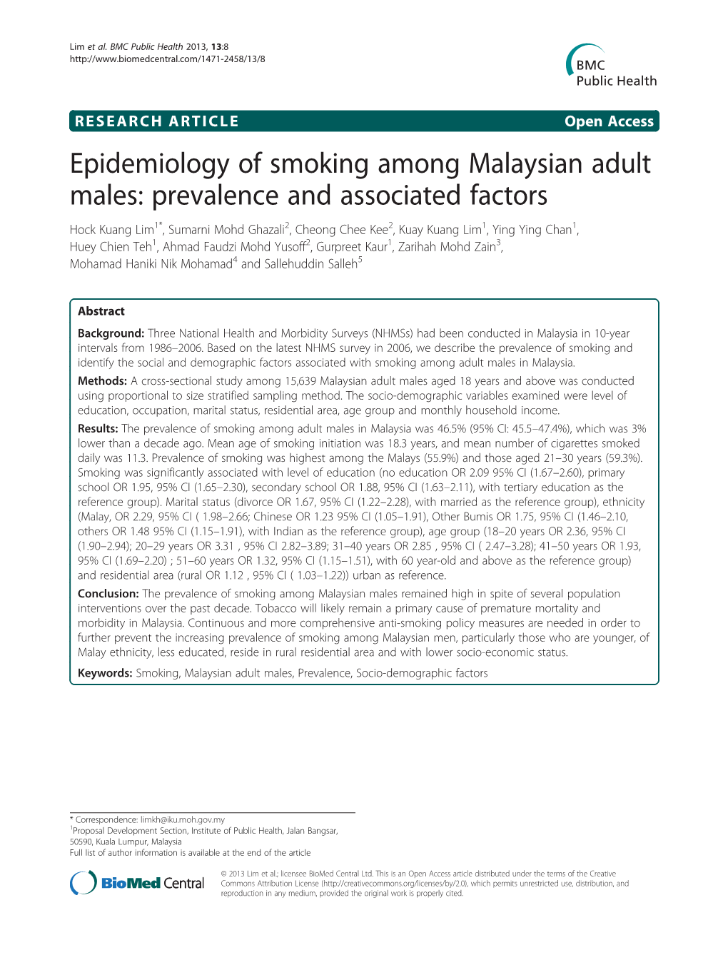 Epidemiology of Smoking Among Malaysian Adult Males: Prevalence