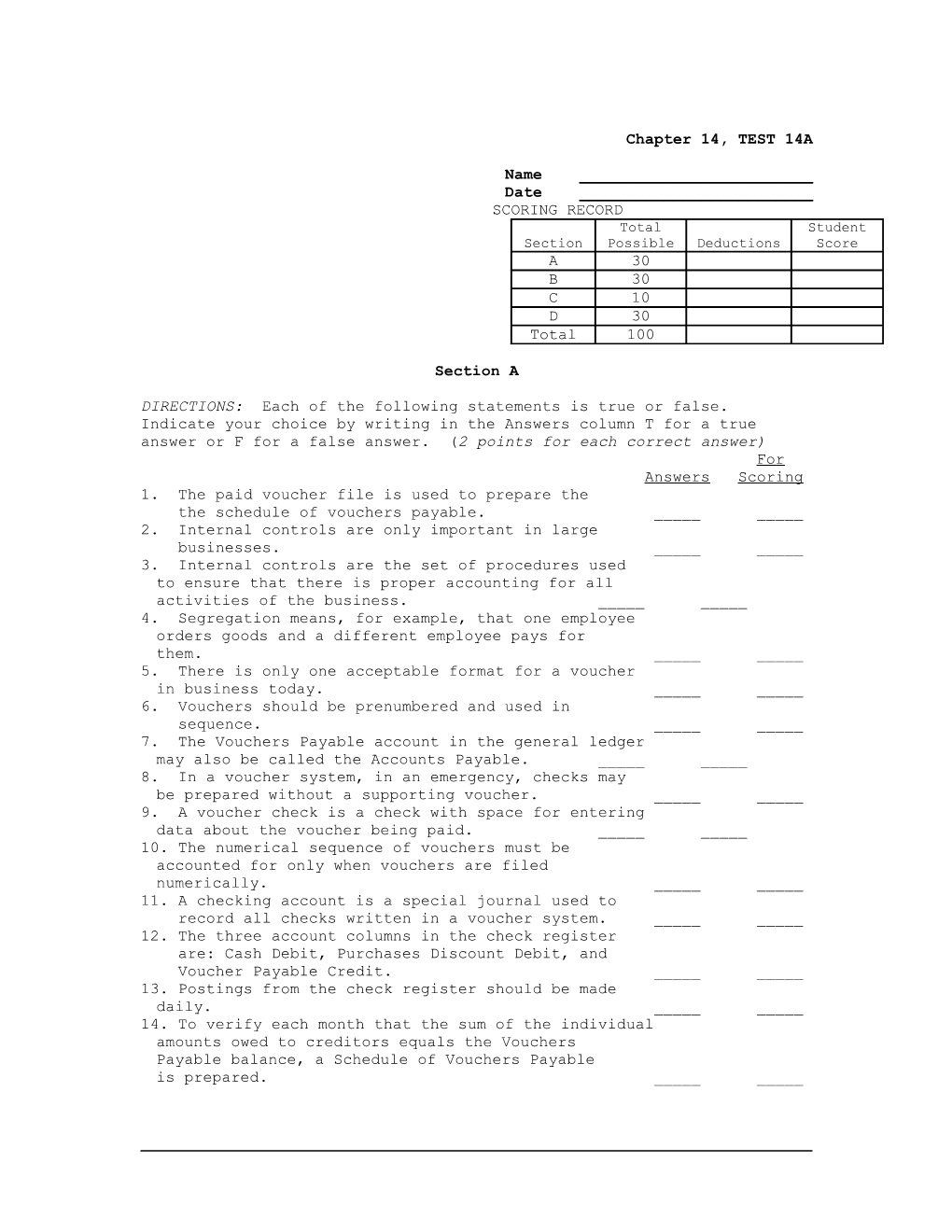 Chapter 14, TEST 14A