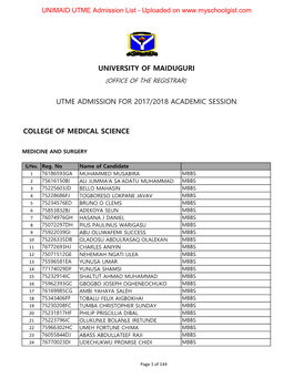 University of Maiduguri Utme Admission for 2017/2018 Academic Session College of Medical Science