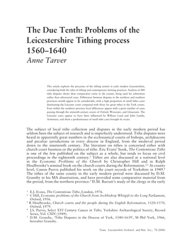 The Due Tenth: Problems of the Leicestershire Tithing Process 1560