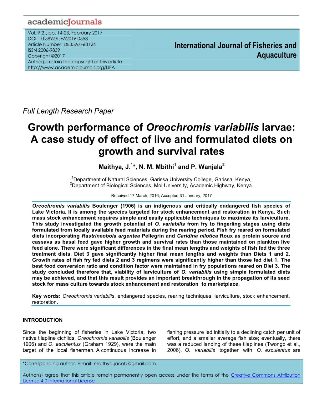 Growth Performance of Oreochromis Variabilis Larvae: a Case Study of Effect of Live and Formulated Diets on Growth and Survival Rates