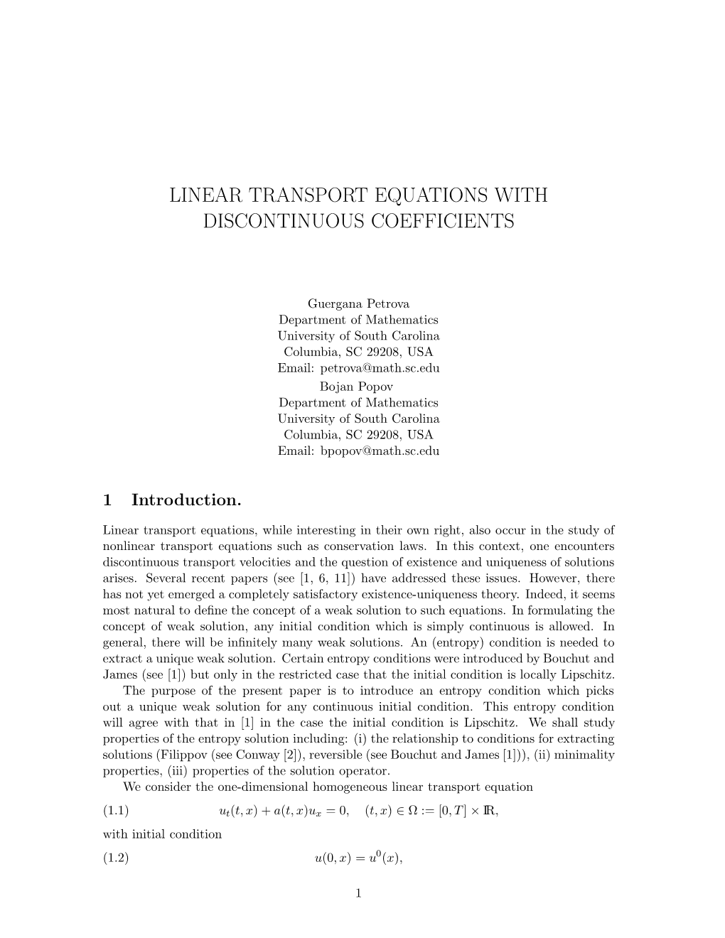 Linear Transport Equations with Discontinuous Coefficients, Comm