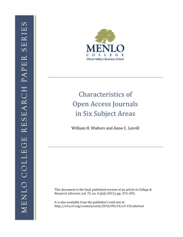 Characteristics of Open Access Journals in Six Subject Areas
