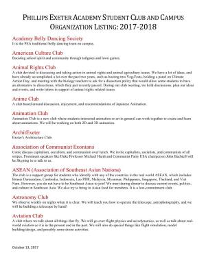 PHILLIPS EXETER ACADEMY STUDENT CLUB and CAMPUS ORGANIZATION LISTING: 2017-2018 Academy Belly Dancing Society It Is the PEA Traditional Belly Dancing Team on Campus