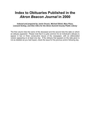 To Obituaries Published in the Akron Beacon Journal in 2000