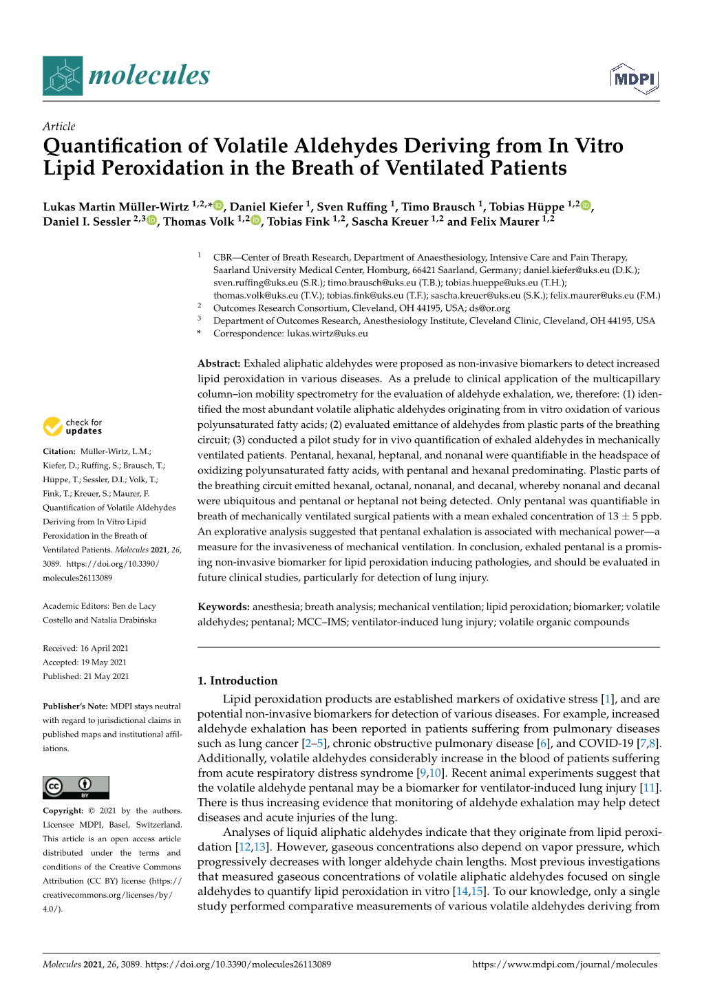 Quantification of Volatile Aldehydes Deriving from in Vitro Lipid