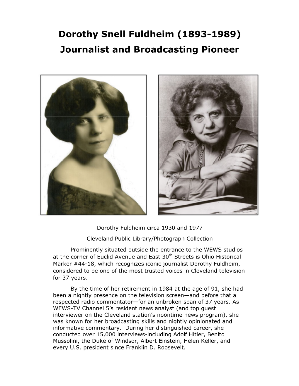 Dorothy Snell Fuldheim (1893-1989) Journalist and Broadcasting Pioneer