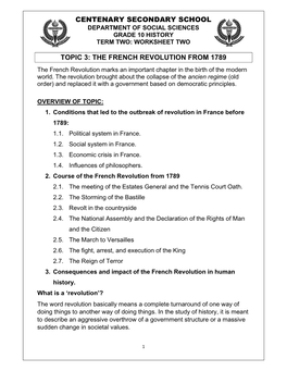 Topic 3: the French Revolution from 1789 Centenary Secondary School