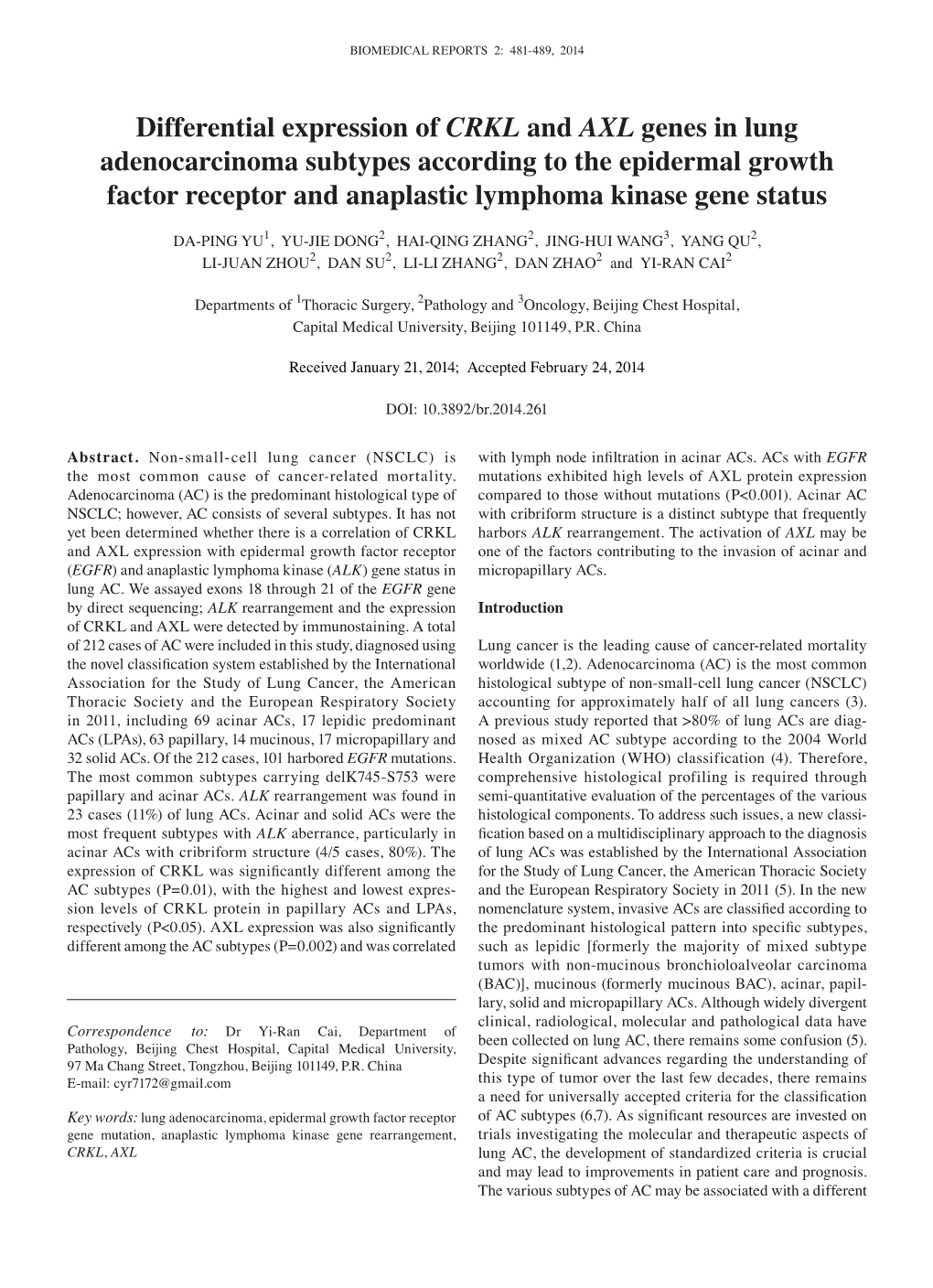 Differential Expression of CRKL and AXL Genes in Lung