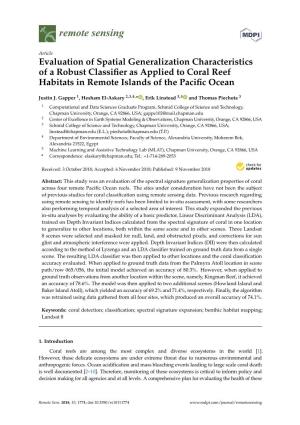 Evaluation of Spatial Generalization Characteristics of a Robust Classiﬁer As Applied to Coral Reef Habitats in Remote Islands of the Paciﬁc Ocean