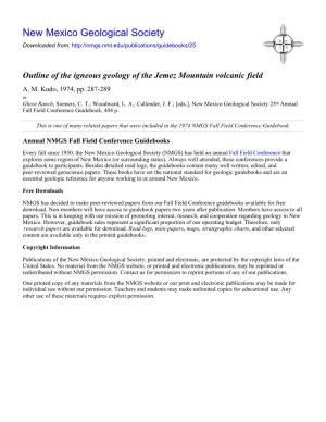 Outline of the Igneous Geology of the Jemez Mountain Volcanic Field A