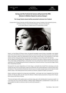 Kering and the Festival De Cannes Will Present the Fifth Women in Motion Award to Actress Gong Li