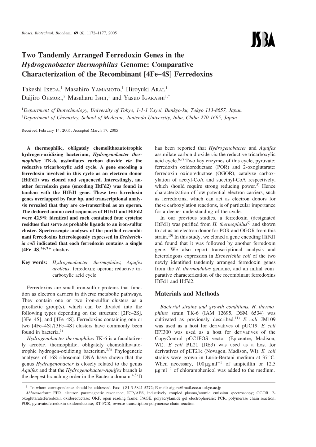 Two Tandemly Arranged Ferredoxin Genes in the Hydrogenobacter Thermophilus Genome: Comparative Characterization of the Recombinant [4Fe–4S] Ferredoxins