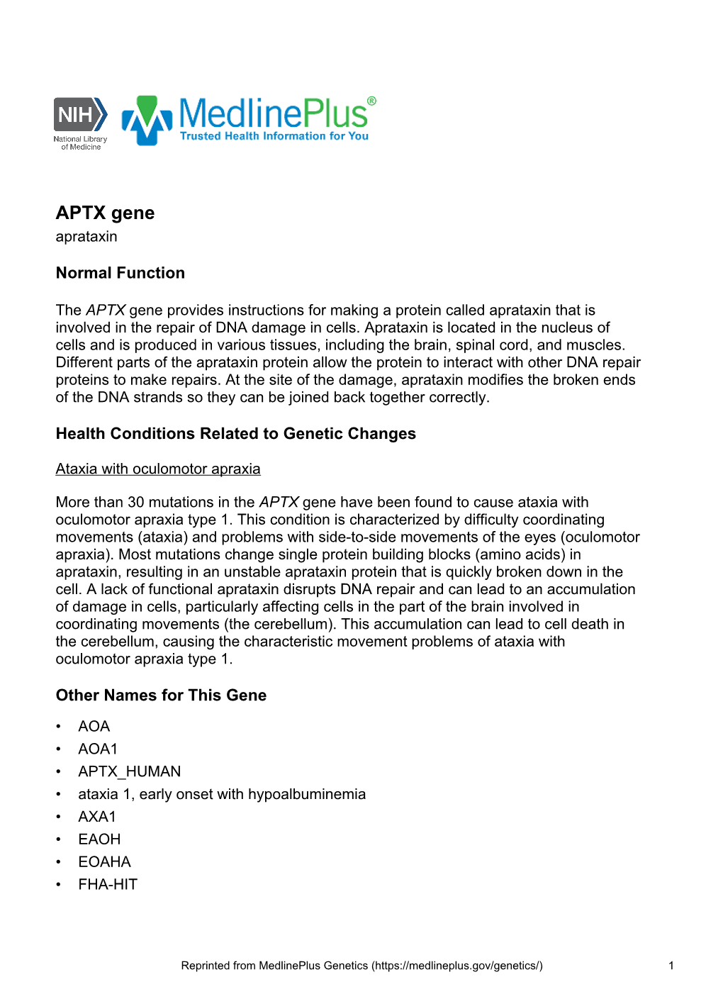 APTX Gene Aprataxin