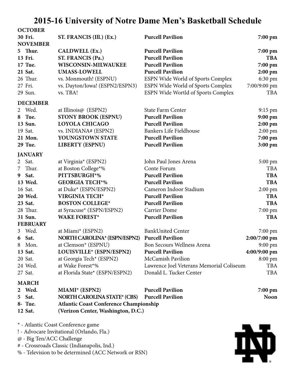 2015-16 University of Notre Dame Men's Basketball Schedule