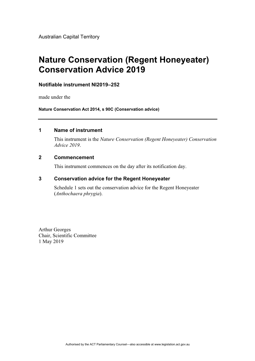 Regent Honeyeater) Conservation Advice 2019