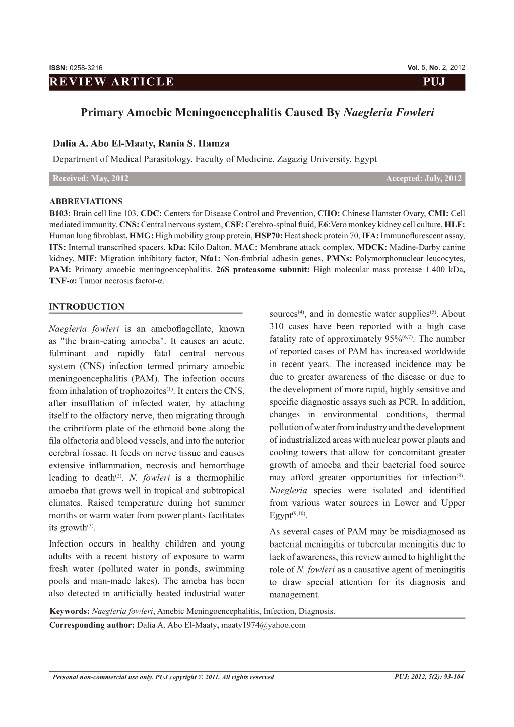 REVIEW ARTICLE PUJ Primary Amoebic Meningoencephalitis