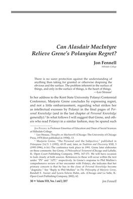Can Alasdair Macintyre Relieve Grene's Polanyian Regret?