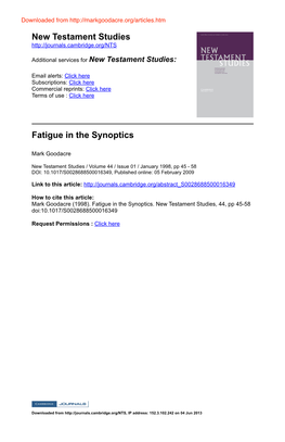 New Testament Studies Fatigue in the Synoptics