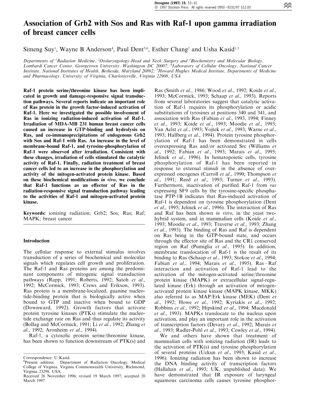 Association of Grb2 with Sos and Ras with Raf-1 Upon Gamma Irradiation of Breast Cancer Cells