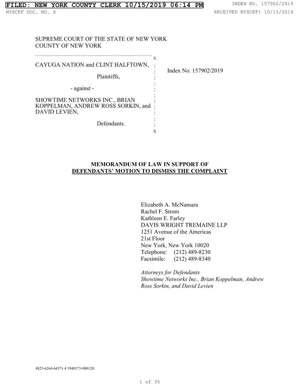 New York County Clerk 10/15/2019 06:14 Pm Index No