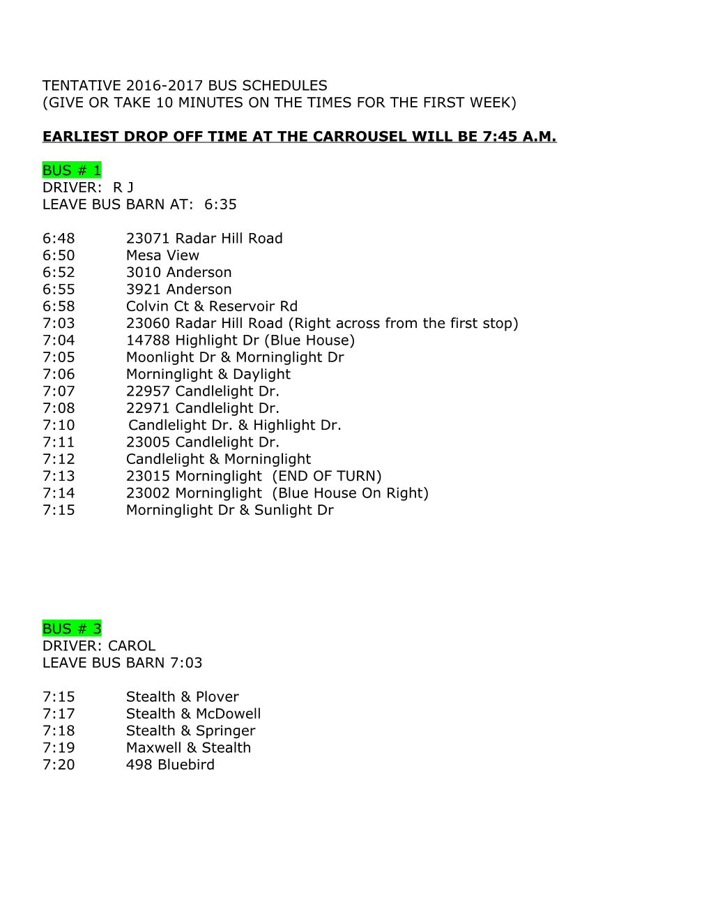 Tentative 2003-2004 Bus Schedules