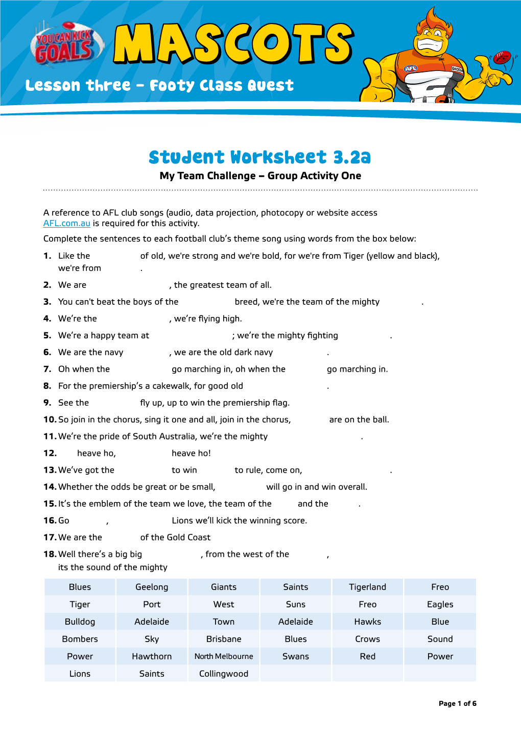 Student Worksheet 3.2A My Team Challenge – Group Activity One