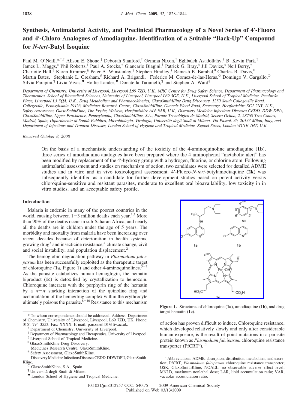 Synthesis, Antimalarial Activity, and Preclinical Pharmacology of a Novel Series of 4′-Fluoro and 4′-Chloro Analogues of Amodiaquine