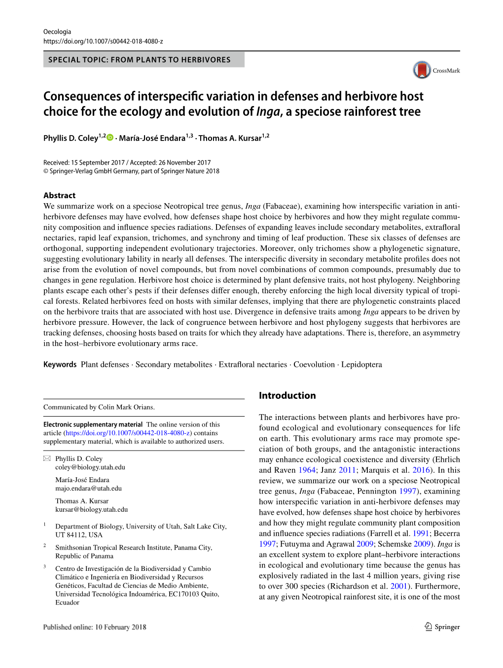 Consequences of Interspecific Variation in Defenses and Herbivore