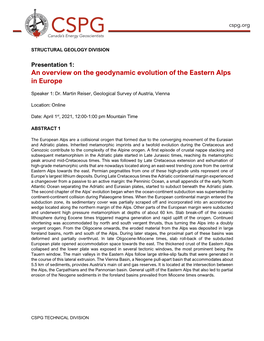 An Overview on the Geodynamic Evolution of the Eastern Alps in Europe