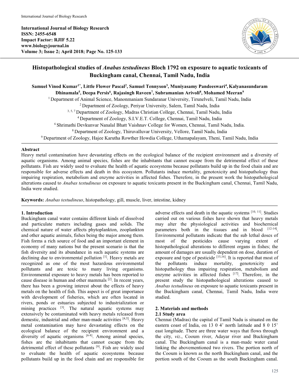 Histopathological Studies of Anabas Testudineus Bloch 1792 on Exposure to Aquatic Toxicants of Buckingham Canal, Chennai, Tamil Nadu, India