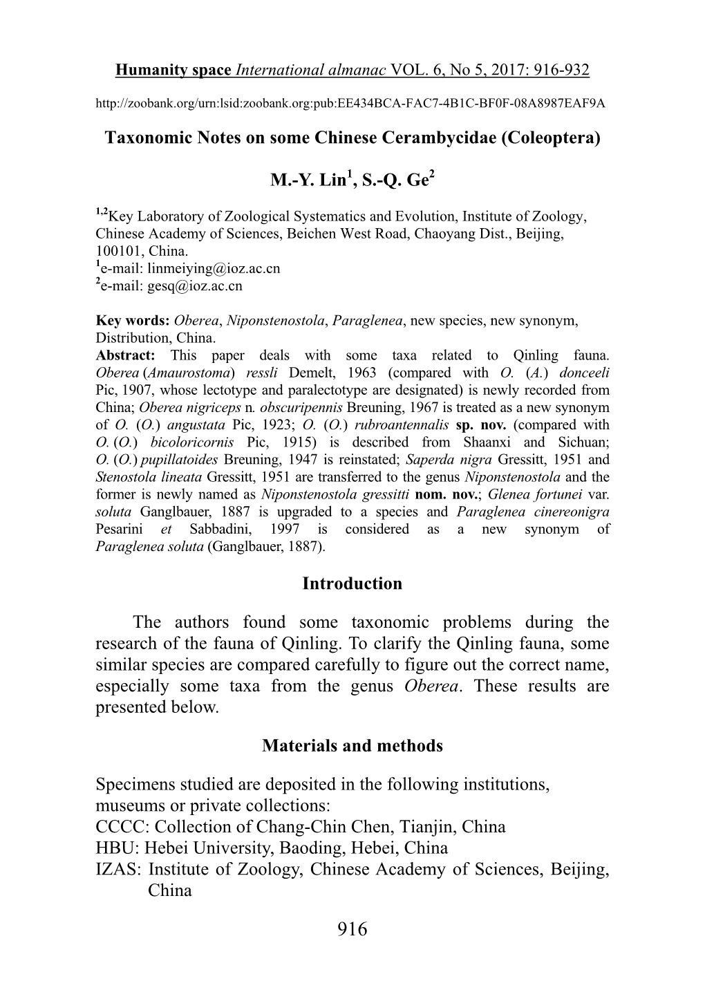 Taxonomic Notes on Some Chinese Cerambycidae (Coleoptera) M.-Y