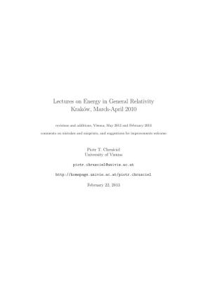 P.T. Chrusciel, Lectures on Energy in General Relativity