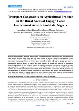 Transport Constraints on Agricultural Produce in the Rural Areas of Ungogo Local Government Area, Kano State, Nigeria