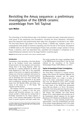 Revisiting the Amuq Sequence: a Preliminary Investigation of the EBIVB Ceramic Assemblage from Tell Tayinat