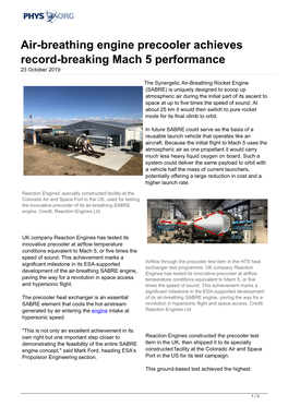 Air-Breathing Engine Precooler Achieves Record-Breaking Mach 5 Performance 23 October 2019