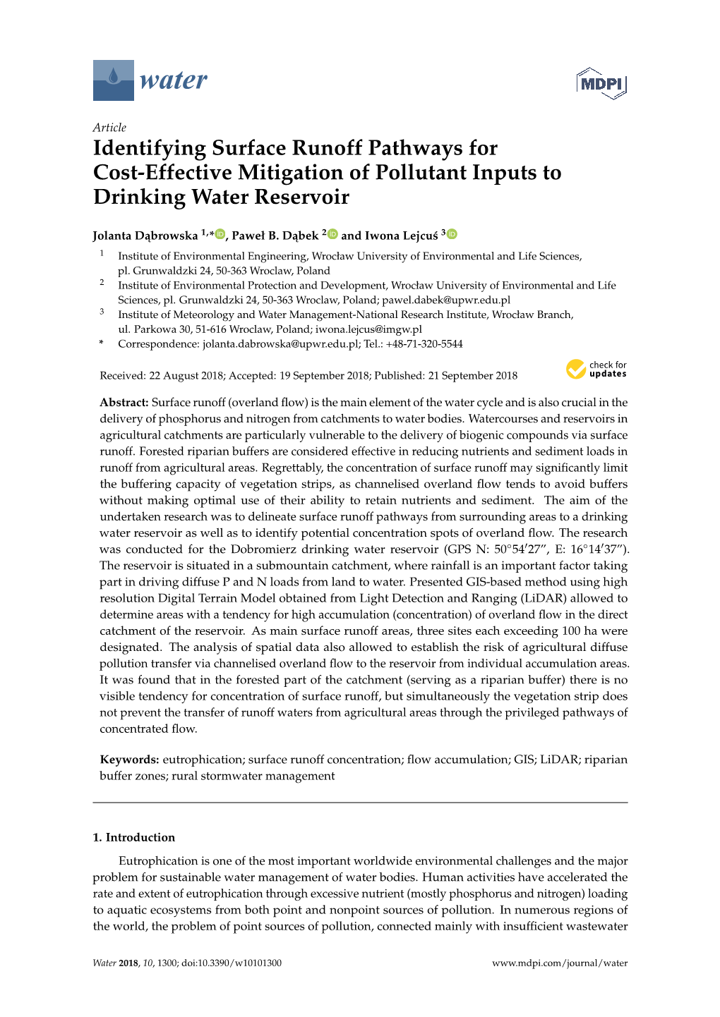 Identifying Surface Runoff Pathways for Cost-Effective Mitigation of Pollutant Inputs to Drinking Water Reservoir