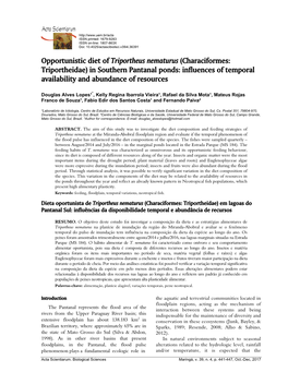 Opportunistic Diet of Triportheus Nematurus (Characiformes: Triportheidae) in Southern Pantanal Ponds: Influences of Temporal Availability and Abundance of Resources