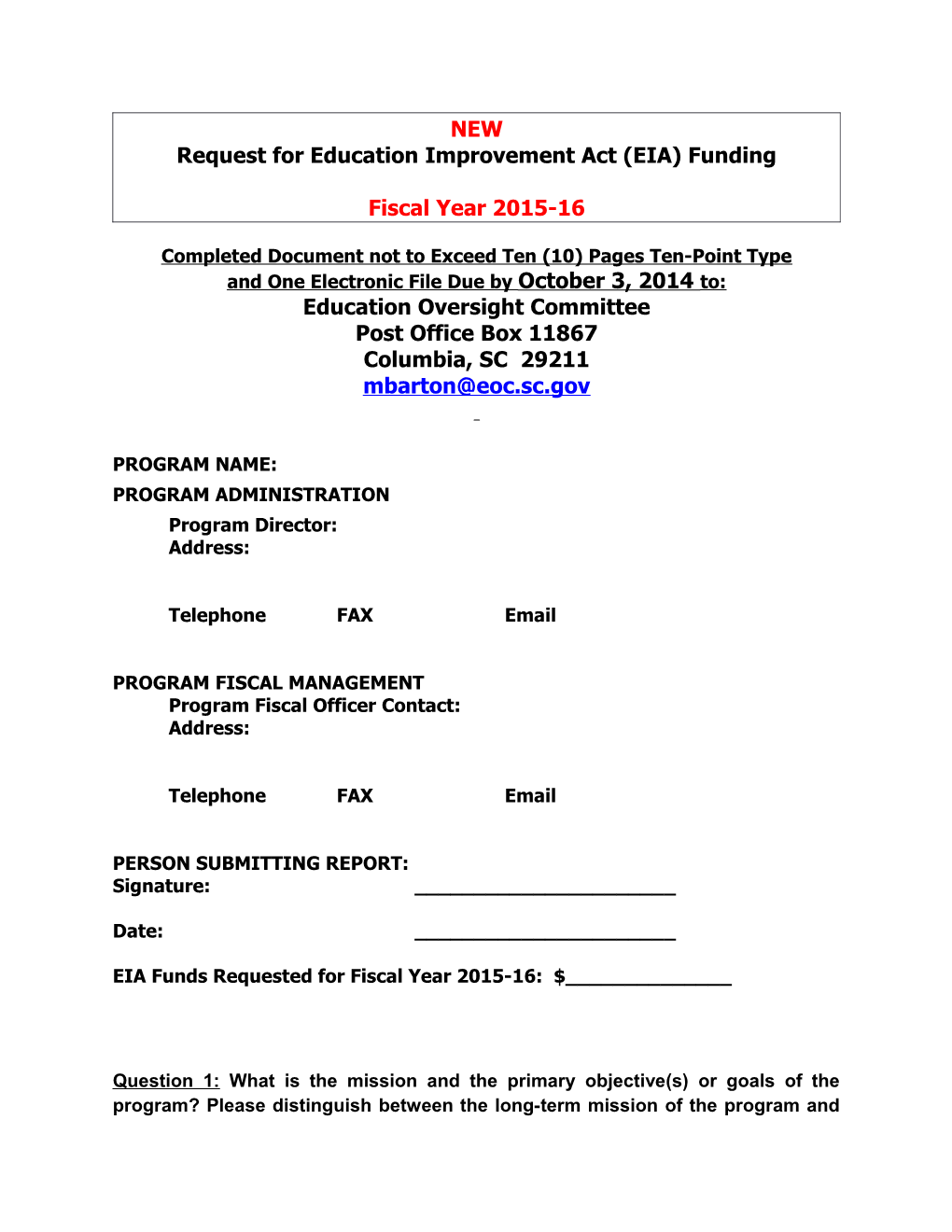 Request for Education Improvement Act (EIA) Funding