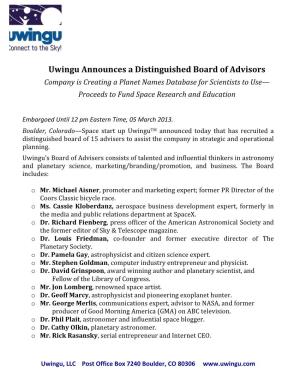 Uwingu Announces a Distinguished Board of Advisors Company Is Creating a Planet Names Database for Scientists to Use— Proceeds to Fund Space Research and Education