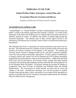 Animal Welfare Policy, Emergency Action Plan, and Evacuation Plan for Livestock and Horses