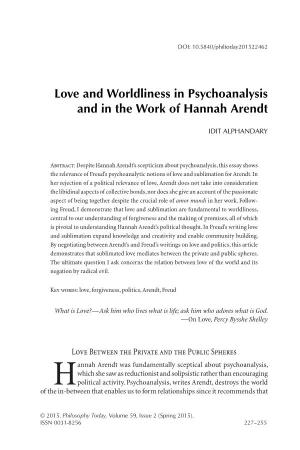 Love and Worldliness in Psychoanalysis and in the Work of Hannah Arendt
