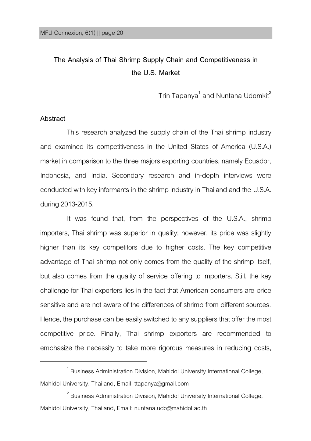 The Analysis of Thai Shrimp Supply Chain and Competitiveness in the U.S