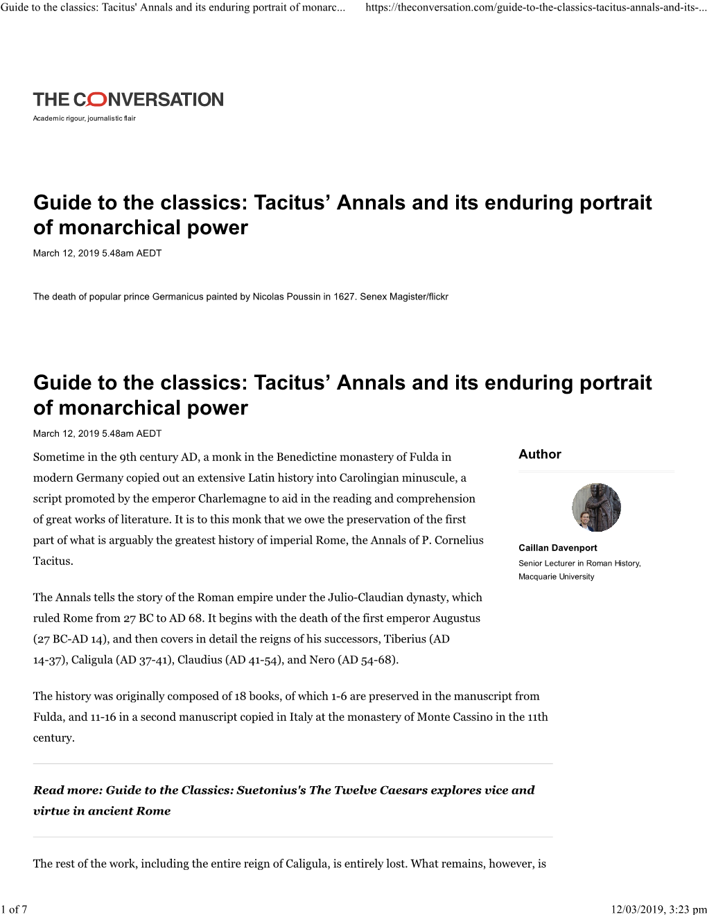 Tacitus' Annals and Its Enduring Portrait of Monarc