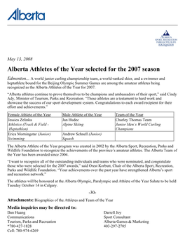 Alberta Athletes of the Year Selected for the 2007 Season